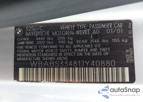 2001 BMW 325Ci from USA, damaged, VIN WBABS33481JY40880